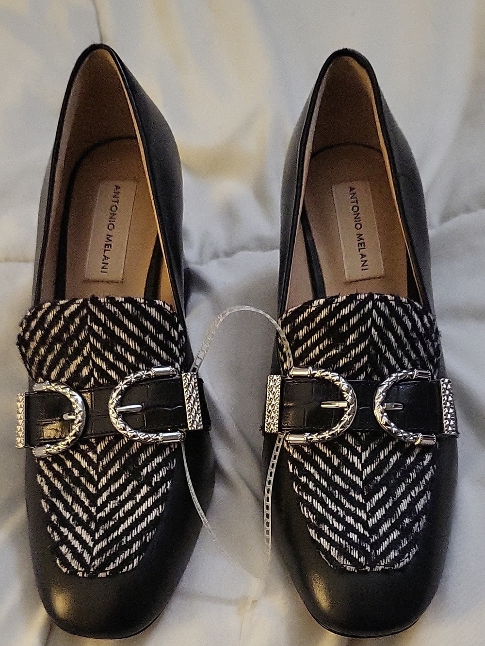 ANTONIO MELANI Black Leather Loafers with Patterned Vamp and Silver Buckles